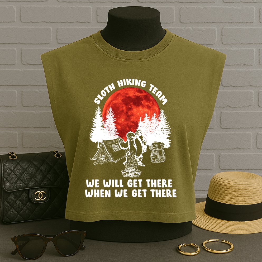 Sloth Hiking Team Will Get We There Funny Camping Garment-Dyed Women's Muscle Tee