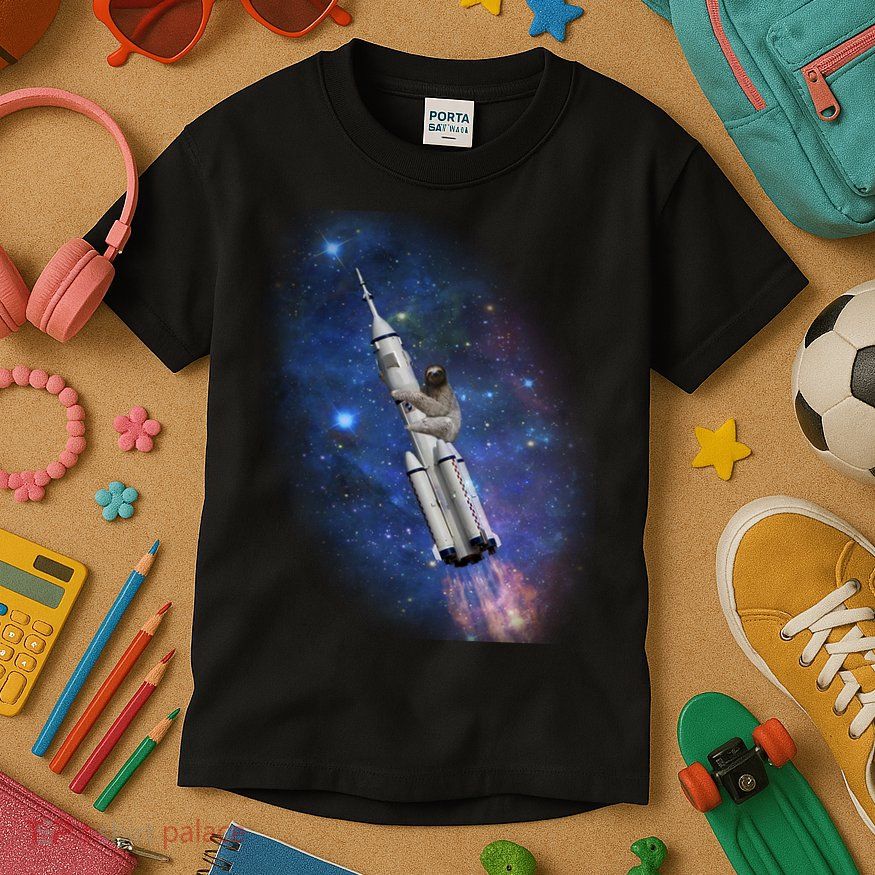 Sloth In Space Rocket ship Kids T-Shirt