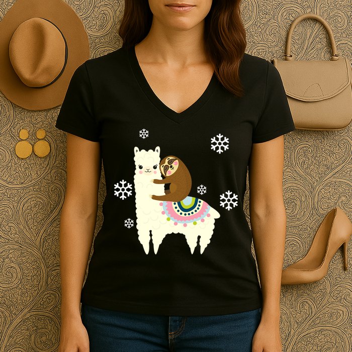 Sloth Riding Llama Women's V-Neck T-Shirt