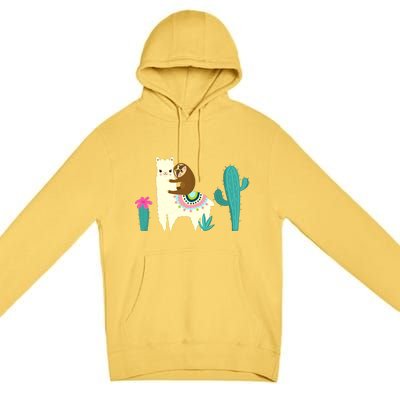 Sloth Riding Llama Funny Cactus Premium Pullover Hoodie