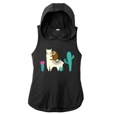 Sloth Riding Llama Funny Cactus Ladies PosiCharge Tri-Blend Wicking Draft Hoodie Tank