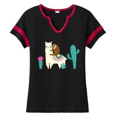 Sloth Riding Llama Funny Cactus Ladies Halftime Notch Neck Tee