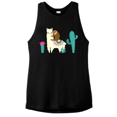 Sloth Riding Llama Funny Cactus Ladies PosiCharge Tri-Blend Wicking Tank