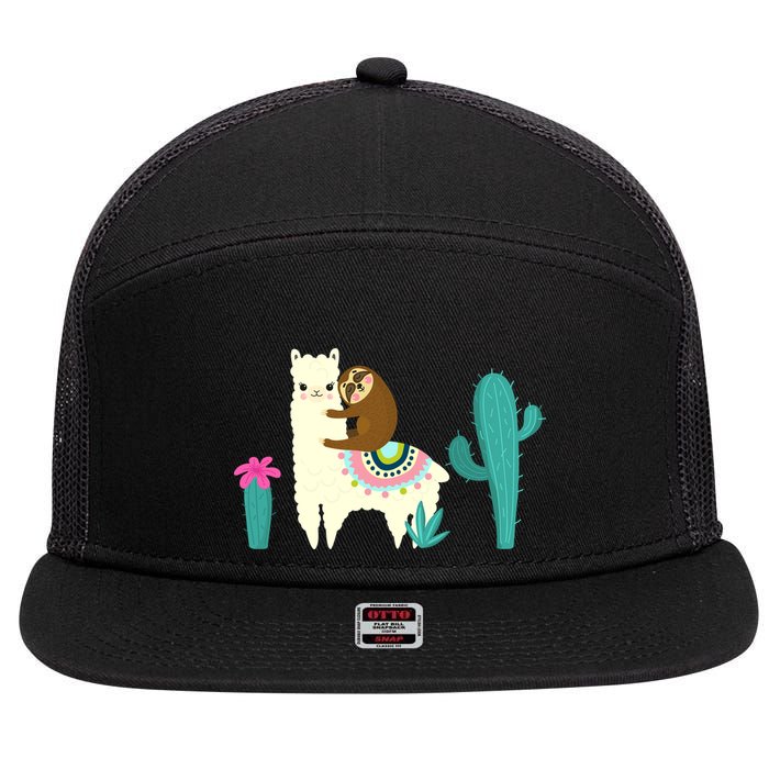 Sloth Riding Llama Funny Cactus 7 Panel Mesh Trucker Snapback Hat