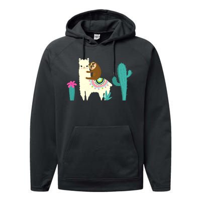 Sloth Riding Llama Funny Cactus Performance Fleece Hoodie