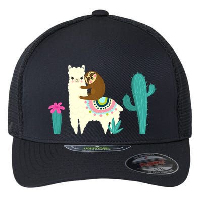 Sloth Riding Llama Funny Cactus Flexfit Unipanel Trucker Cap