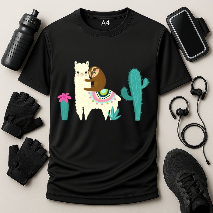 Sloth Riding Llama Funny Cactus Performance Shirt