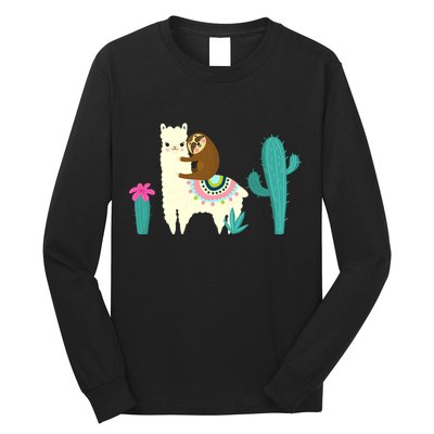 Sloth Riding Llama Funny Cactus Long Sleeve Shirt