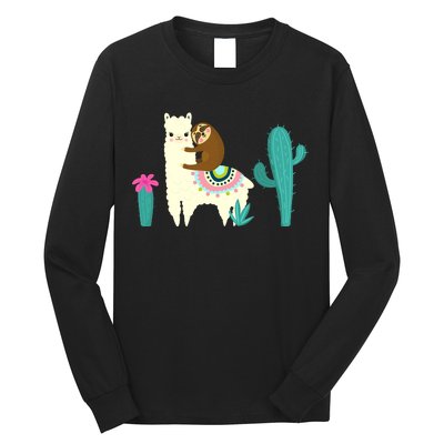 Sloth Riding Llama Funny Cactus Long Sleeve Shirt