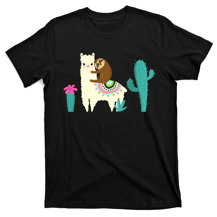 Sloth Riding Llama Funny Cactus T-Shirt