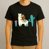 Sloth Riding Llama Funny Cactus T-Shirt