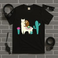 Sloth Riding Llama Funny Cactus T-Shirt