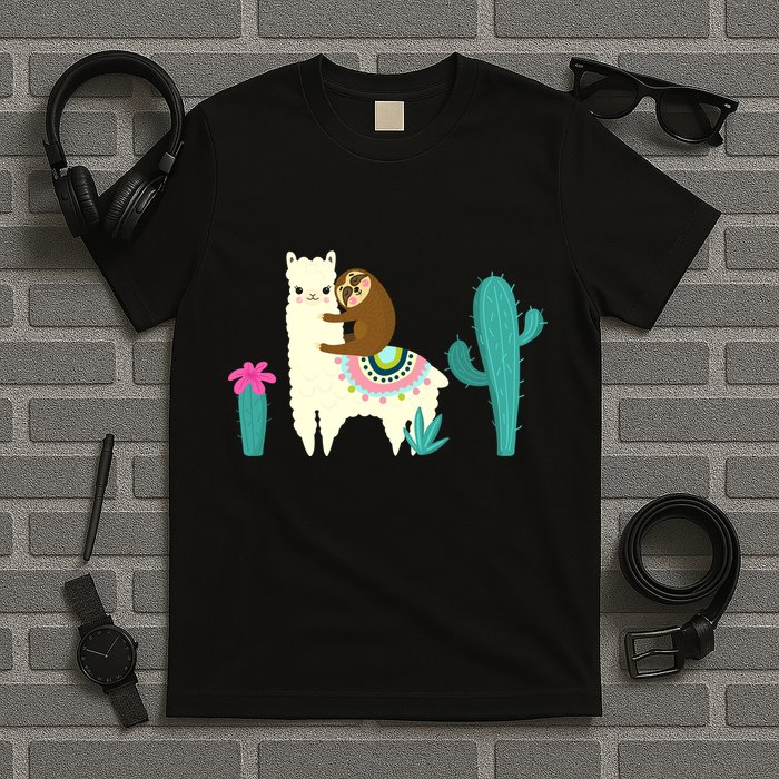 Sloth Riding Llama Funny Cactus T-Shirt