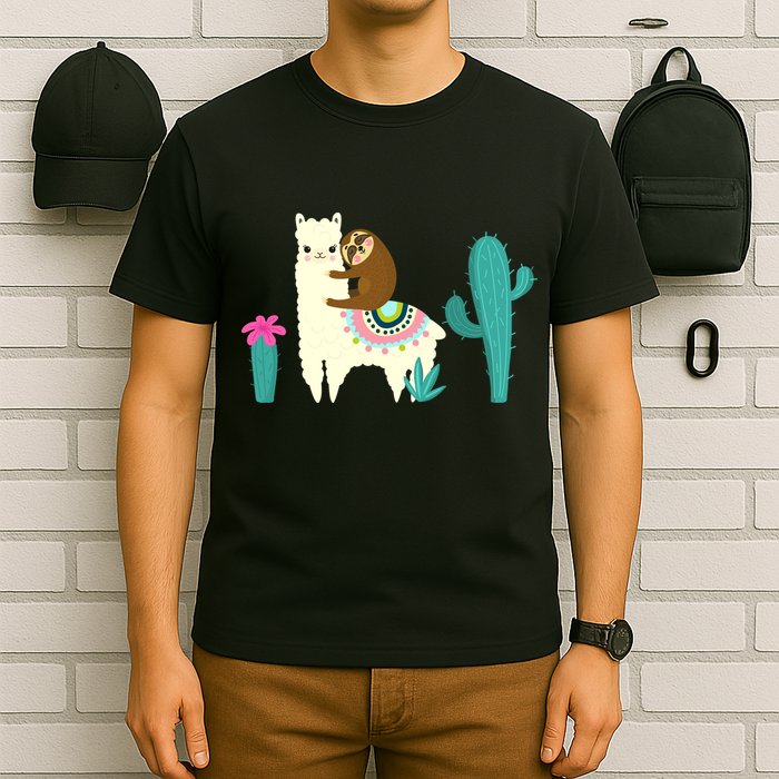 Sloth Riding Llama Funny Cactus T-Shirt