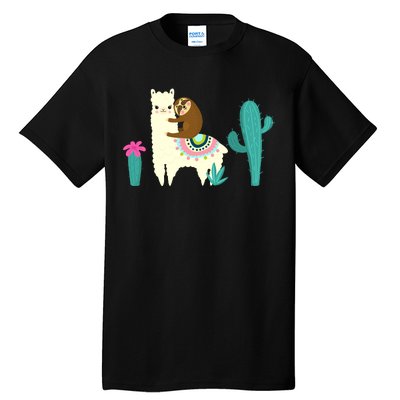 Sloth Riding Llama Funny Cactus Tall T-Shirt