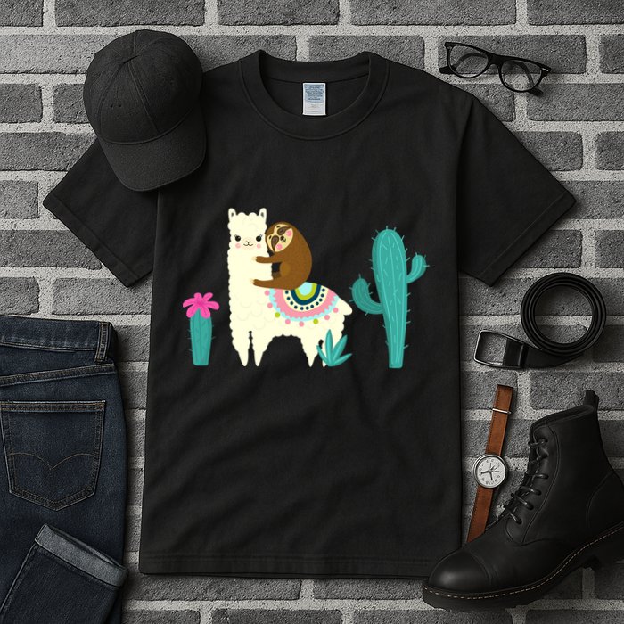 Sloth Riding Llama Funny Cactus Tall T-Shirt