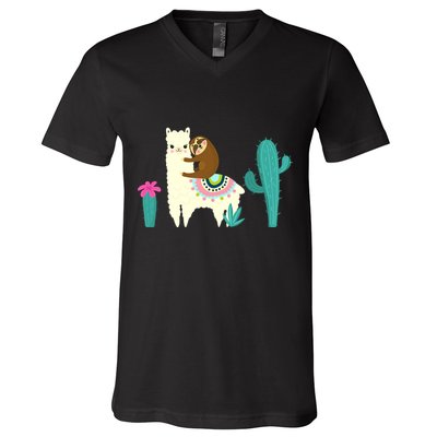 Sloth Riding Llama Funny Cactus V-Neck T-Shirt