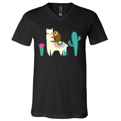 Sloth Riding Llama Funny Cactus V-Neck T-Shirt