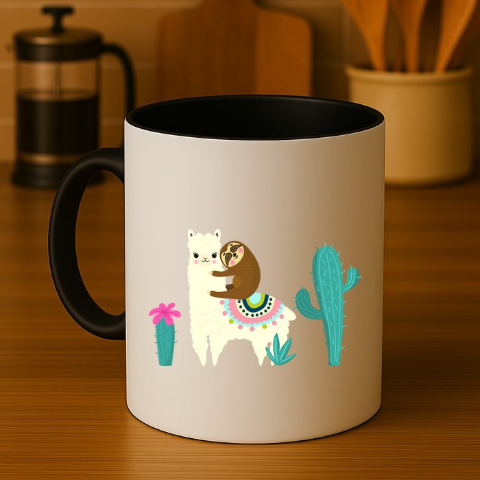 Sloth Riding Llama Funny Cactus Mug
