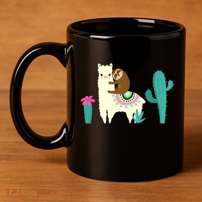 Sloth Riding Llama Funny Cactus 11oz C Handle Ceramic Mug