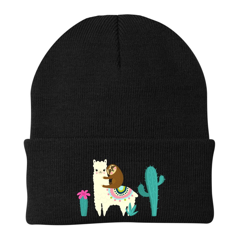 Sloth Riding Llama Funny Cactus Beanie