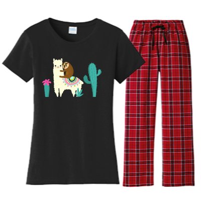 Sloth Riding Llama Funny Cactus Women's Flannel Pajama Set