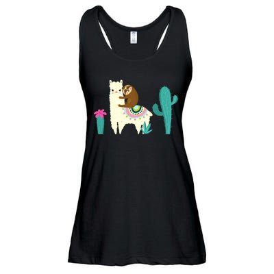 Sloth Riding Llama Funny Cactus Ladies Essential Flowy Tank