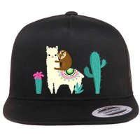 Sloth Riding Llama Funny Cactus Flat Bill Trucker Hat