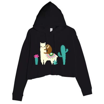 Sloth Riding Llama Funny Cactus Crop Fleece Hoodie