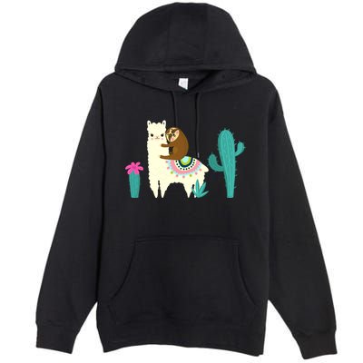 Sloth Riding Llama Funny Cactus Premium Pullover Hoodie