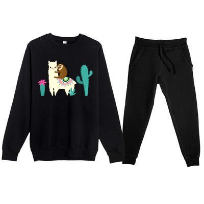 Sloth Riding Llama Funny Cactus Premium Crewneck Sweatsuit Set