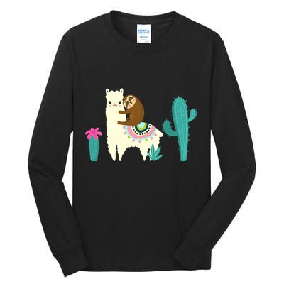 Sloth Riding Llama Funny Cactus Tall Long Sleeve T-Shirt