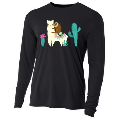 Sloth Riding Llama Funny Cactus Cooling Performance Long Sleeve Crew