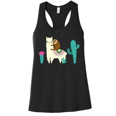 Sloth Riding Llama Funny Cactus Women's Racerback Tank