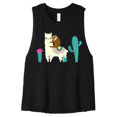 Sloth Riding Llama Funny Cactus Women's Racerback Cropped Tank