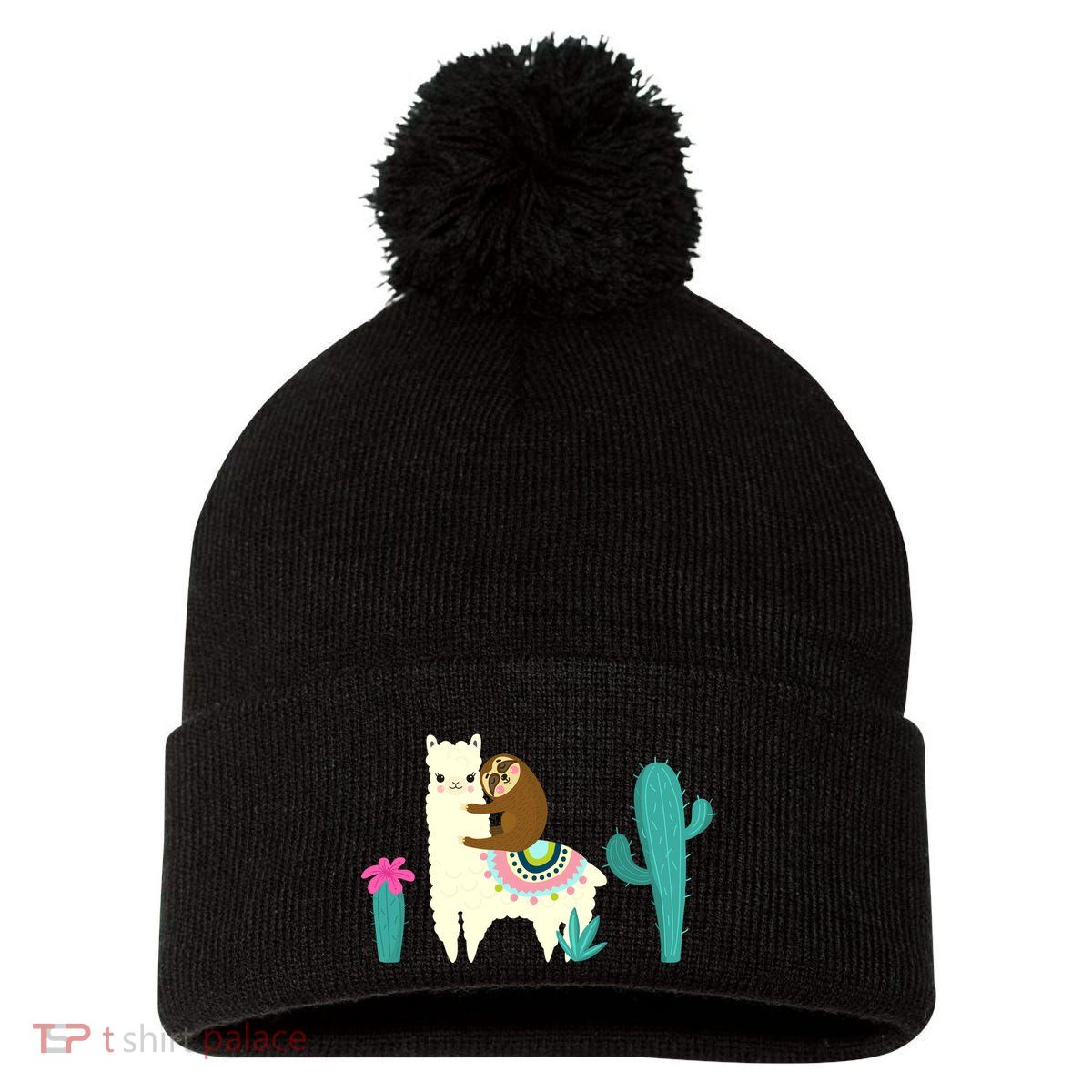 Sloth Riding Llama Funny Cactus Pom Pom 12in Knit Beanie