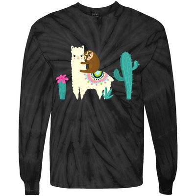 Sloth Riding Llama Funny Cactus Tie-Dye Long Sleeve Shirt