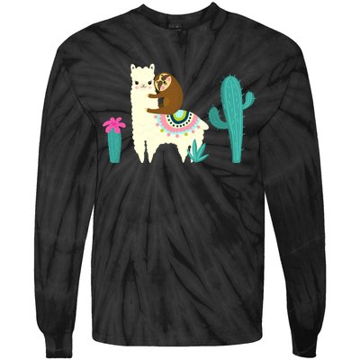 Sloth Riding Llama Funny Cactus Tie-Dye Long Sleeve Shirt