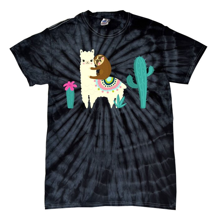 Sloth Riding Llama Funny Cactus Tie-Dye T-Shirt