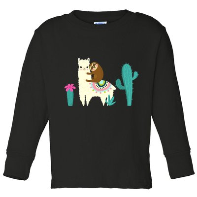 Sloth Riding Llama Funny Cactus Toddler Long Sleeve Shirt