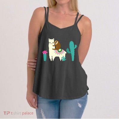 Sloth Riding Llama Funny Cactus Women's Strappy Tank