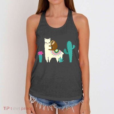 Sloth Riding Llama Funny Cactus Women's Knotted Racerback Tank