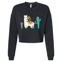 Sloth Riding Llama Funny Cactus Cropped Pullover Crew