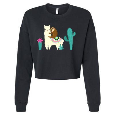 Sloth Riding Llama Funny Cactus Cropped Pullover Crew