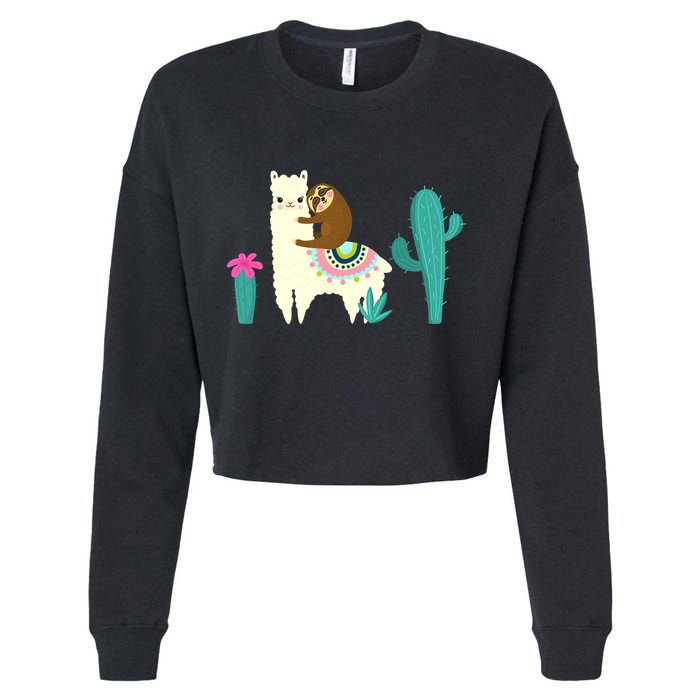 Sloth Riding Llama Funny Cactus Cropped Pullover Crew