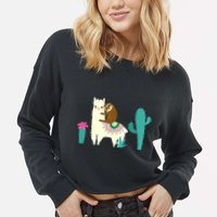 Sloth Riding Llama Funny Cactus Cropped Pullover Crew