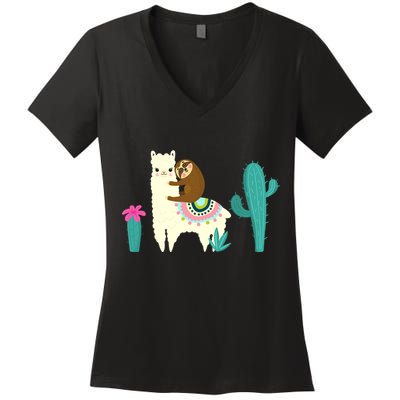 Sloth Riding Llama Funny Cactus Women's V-Neck T-Shirt