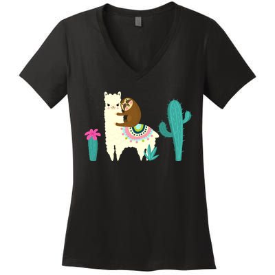 Sloth Riding Llama Funny Cactus Women's V-Neck T-Shirt