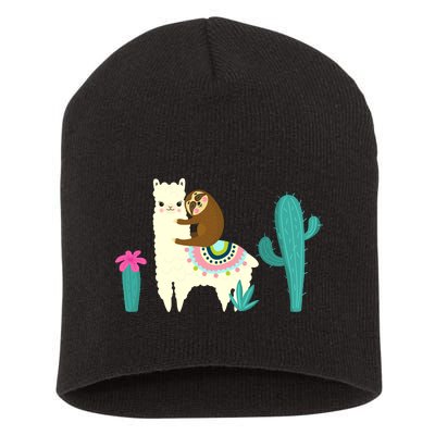 Sloth Riding Llama Funny Cactus Short Acrylic Beanie