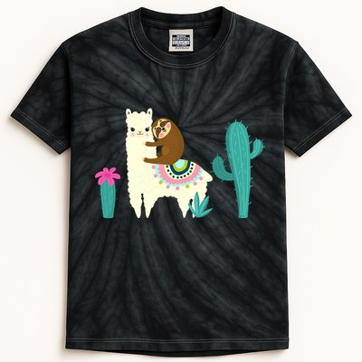 Sloth Riding Llama Funny Cactus Kids Tie-Dye T-Shirt